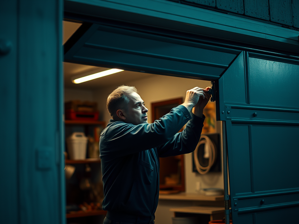 man repairing a garage door from the inside